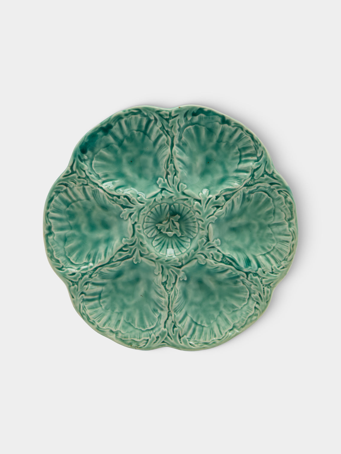 Antique and Vintage - Mid-Century Cabbage Majolica Ceramic Oyster Plates – 9.5in/24cm (Set of 10) - Green - ABASK