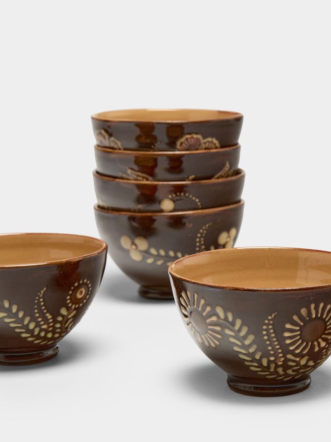 Poterie d’Évires - Flowers Hand-Painted Ceramic Petite Bowls (Set of 6) - Dark brown - ABASK