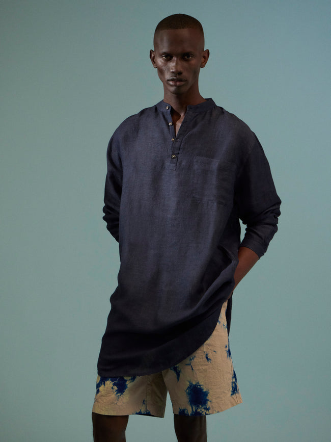 Denis Colomb - Juban Cashmere and Linen Tunic Length Kurta - Navy - ABASK