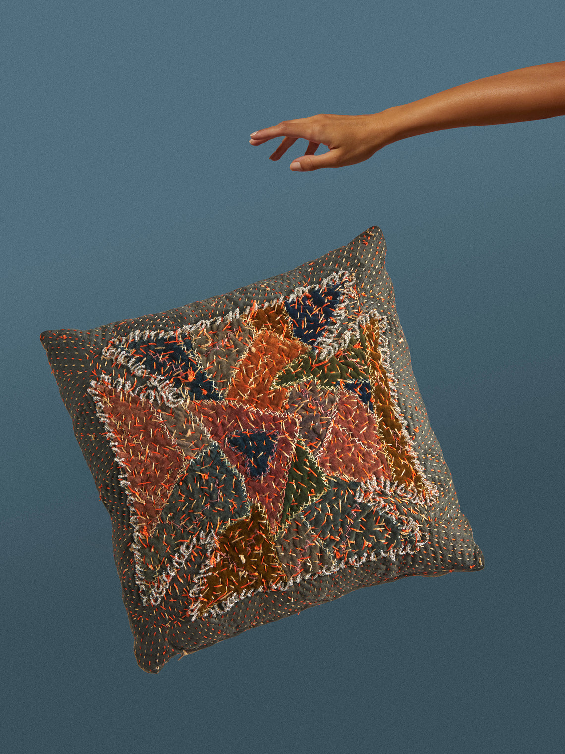 By Walid - 19th-Century Silk, Velvet and Linen Patchwork Cushion (13.5in/35cm) - Multiple - ABASK