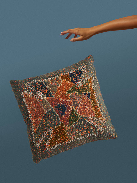 By Walid - 19th-Century Silk, Velvet and Linen Patchwork Cushion (13.5in/35cm) - Multiple - ABASK