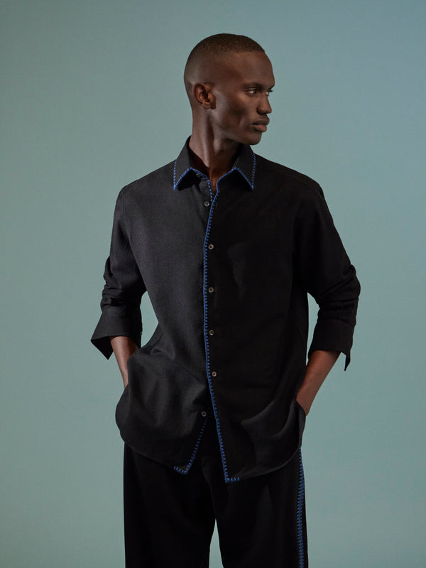 Sebline - Marocaine Hand-Embroidered Wool Pajama Shirt - Black - ABASK