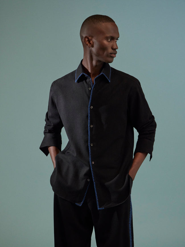 Sebline - Marocaine Hand-Embroidered Wool Pajama Shirt - Black - ABASK