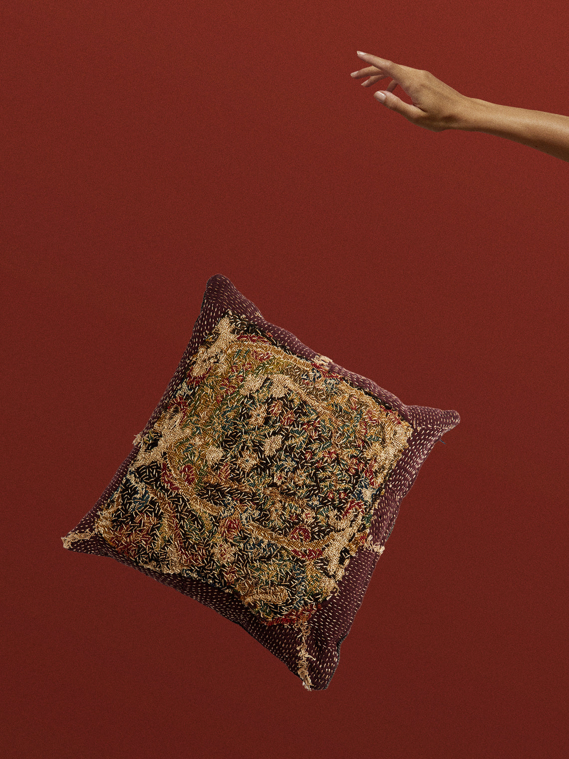 By Walid - 17th-Century English Needlepoint and Linen Cushion (17.5in/45cm) - Burgundy - ABASK