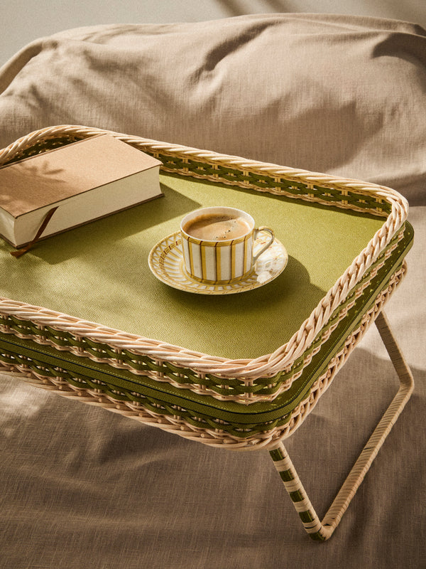 Pigment France - Reims Leather and Rattan Bed Tray (21in/54cm) - Green - ABASK