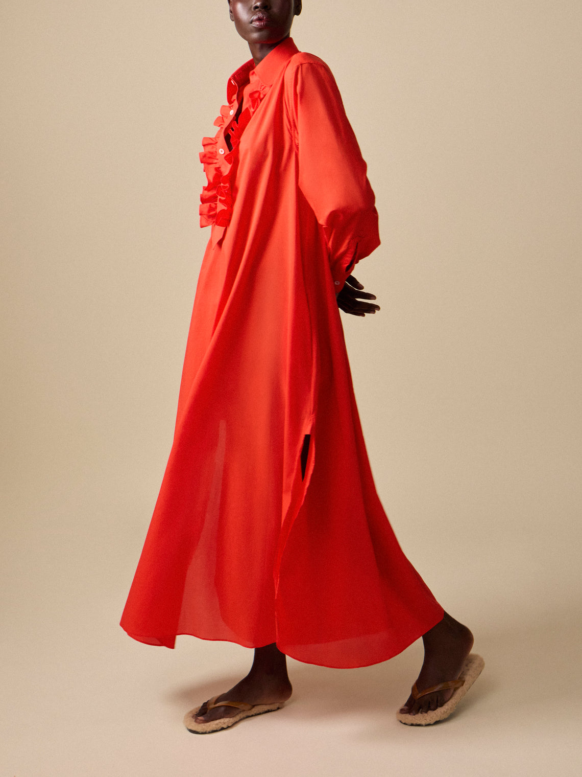 Sebline - Women's Ruffle Cotton Shirt Dress | Size: S - Red - ABASK