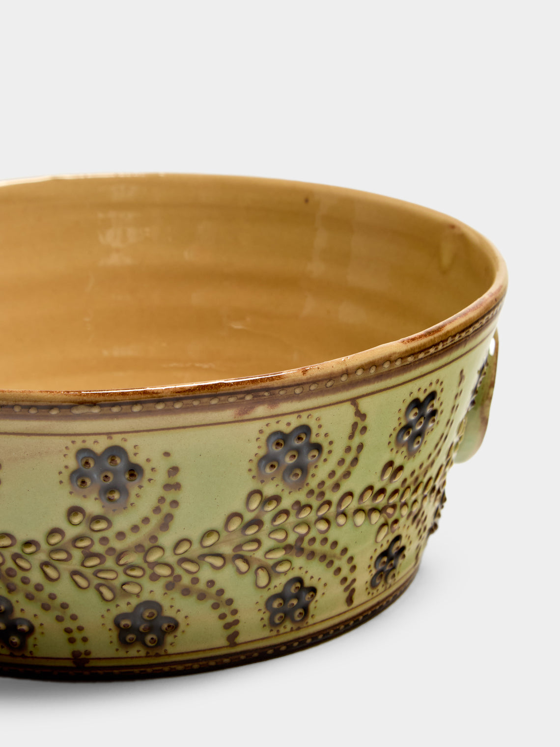 Poterie d’Évires - Flowers Hand-Painted Ceramic Small Handled Serving Bowl - Green - ABASK
