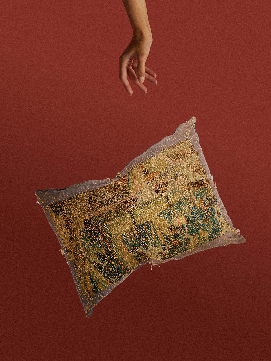By Walid - 17th-Century Flemish Verdure Tapestry Linen and Damask Pillow (30.5in/77cm) - Multiple - ABASK