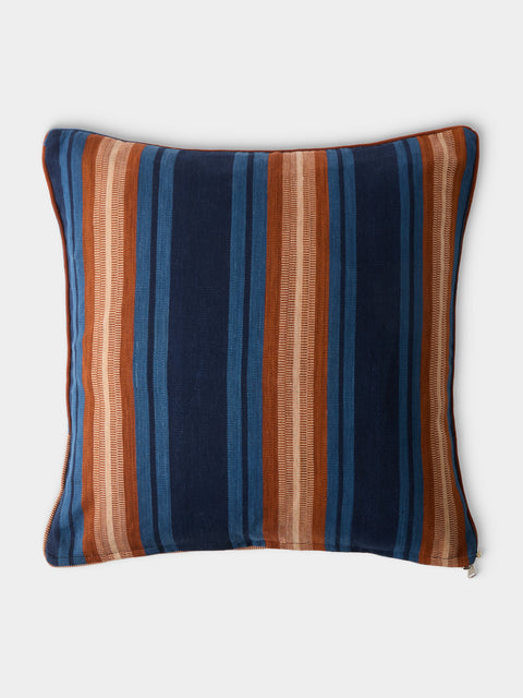 R Collective - Handwoven Indigo Striped Cotton Cushion (19.5in/50cm) - Blue - ABASK - 