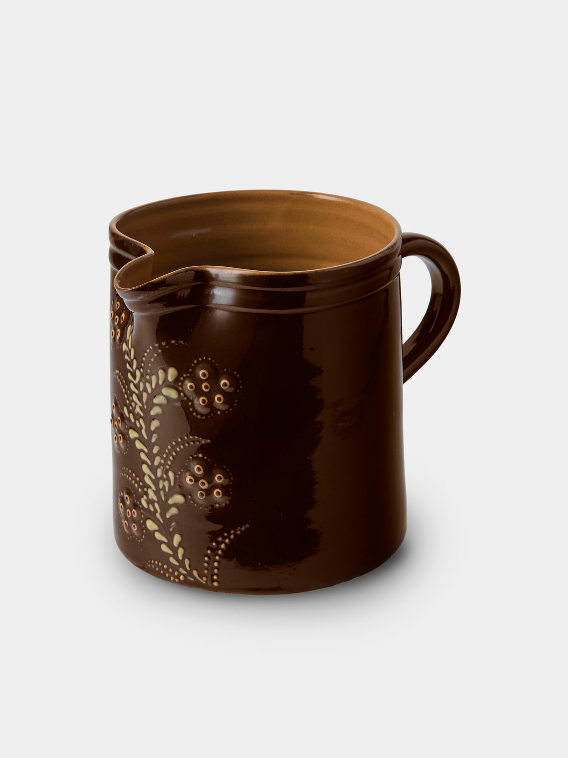 Poterie d’Évires - Flowers Hand-Painted Ceramic Straight-Edge Medium Jug - Dark Brown - ABASK - 