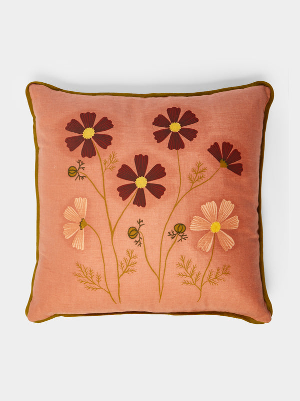 Rosemary Milner - Floral Hand-Embroidered Linen Cushion (19.5in/50cm) - Pink - ABASK - 