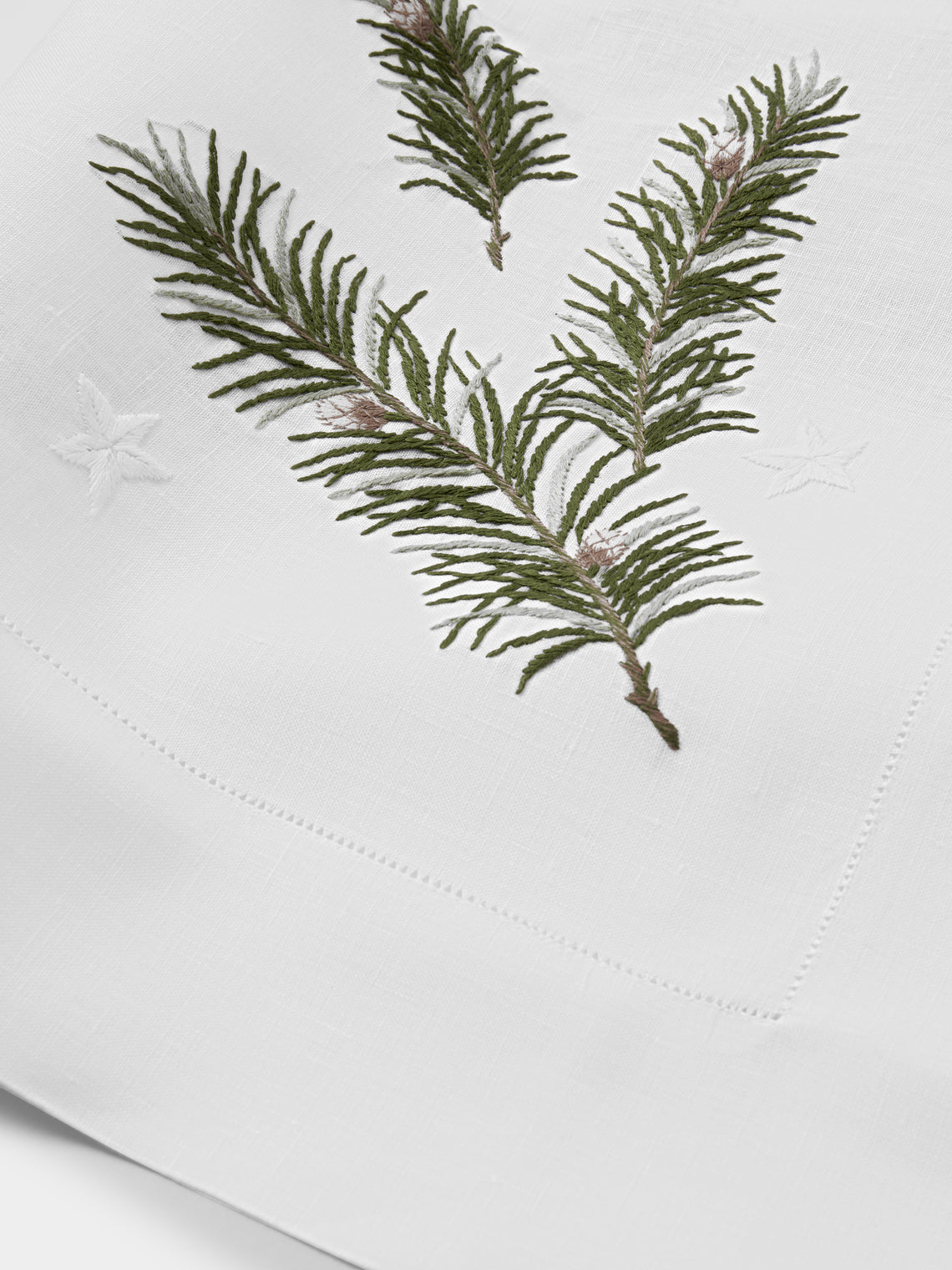 ERI Textiles - Christmas Branch Hand-Embroidered Linen Rectangular Tablecloth (118in/3m) - Multiple - ABASK