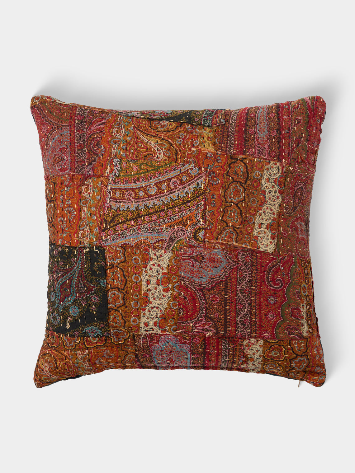 By Walid - 19th-Century Paisley Patchwork Wool and Linen Cushion (15.5in/40cm) - Multiple - ABASK - 