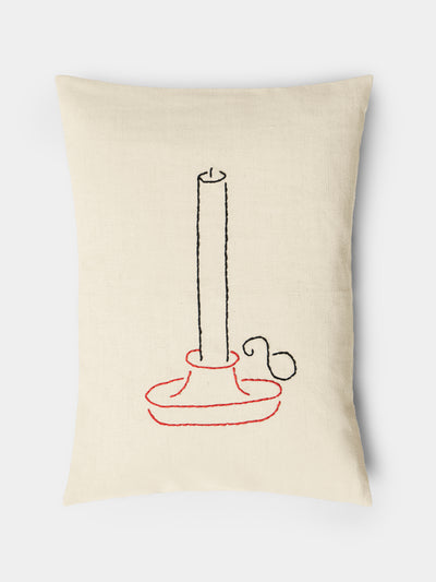 Oeuvres Sensibles - Candle Hand-Embroidered Cotton and Hemp Linen Cushion (15.5in/40cm) - Cream - ABASK - 