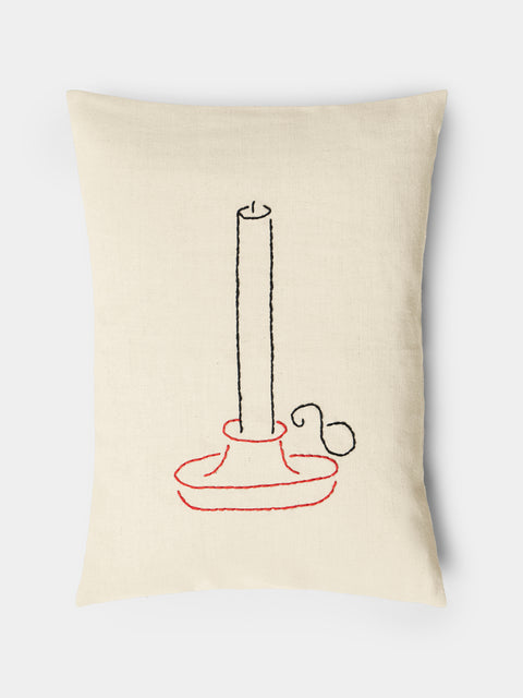 Oeuvres Sensibles - Candle Hand-Embroidered Cotton and Hemp Linen Cushion (15.5in/40cm) - Cream - ABASK - 