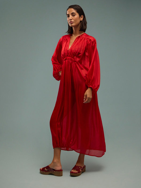 Les Vacances D'Irina - The Hazy Nipple Silk Long Dress | One Size - Red - ABASK