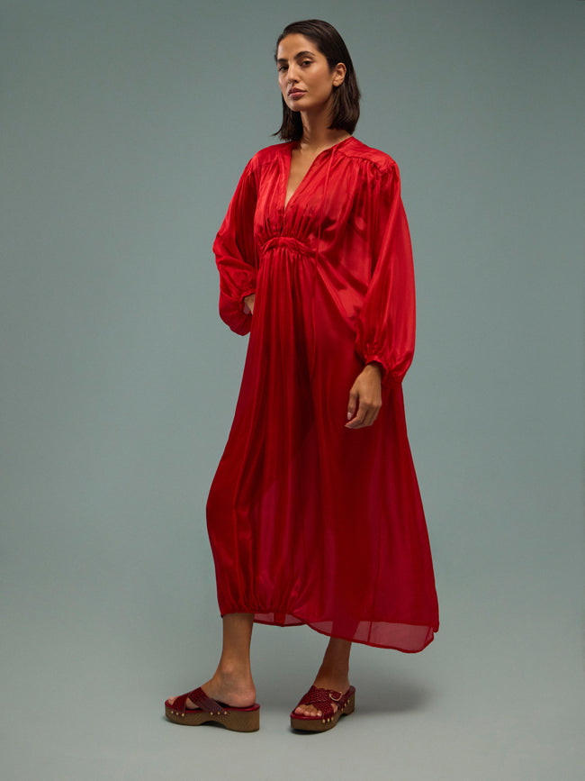 Les Vacances D'Irina - The Hazy Nipple Silk Long Dress | One Size - Red - ABASK