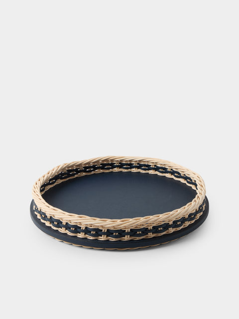 Pigment France - Orsay Leather and Rattan Round Tray (14.5in/37cm) - Blue - ABASK - 