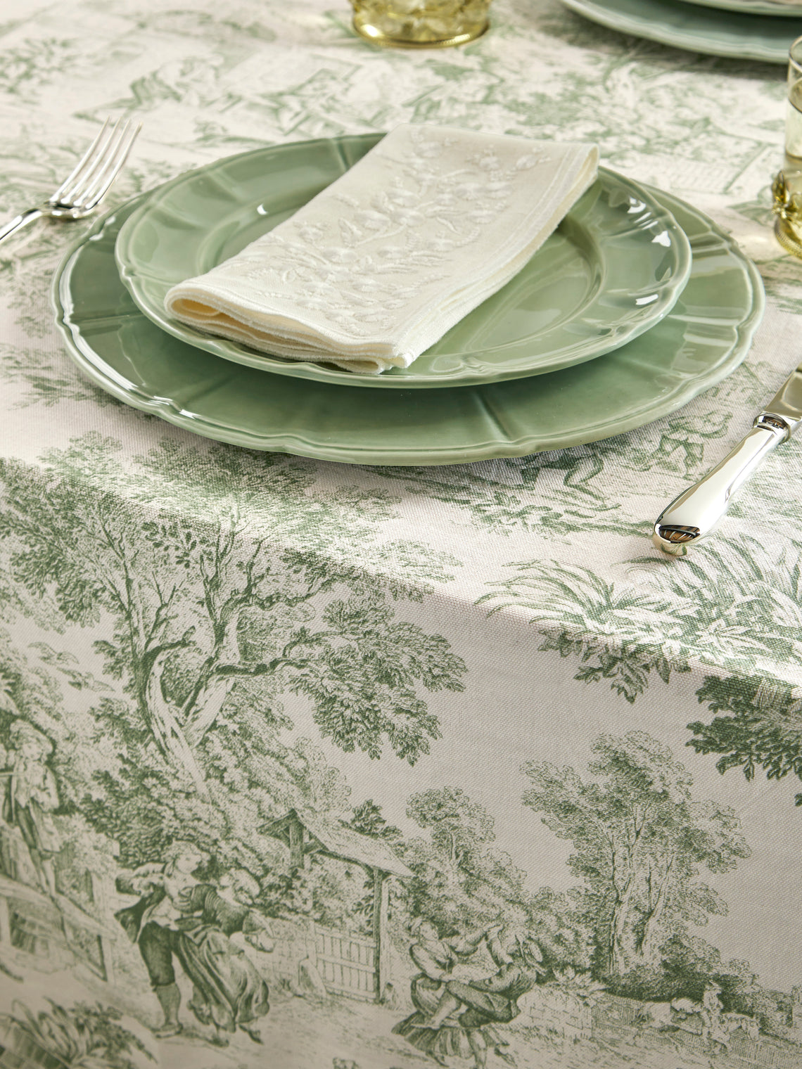 Borgo delle Tovaglie - Riviera Toile de Jouy Linen Large Square Tablecloth - Green - ABASK