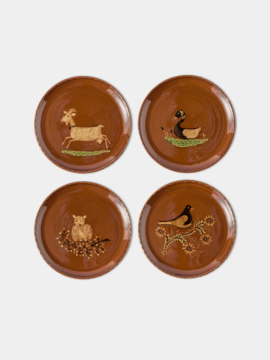 Poterie d’Évires - Animals Hand-Painted Ceramic Dinner Plates – 9.5in/24cm (Set of 4) - Light Brown - ABASK - 