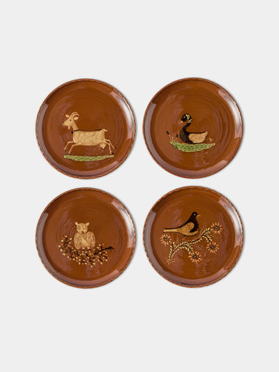 Poterie d’Évires - Animals Hand-Painted Ceramic Dinner Plates – 9.5in/24cm (Set of 4) - Light Brown - ABASK - 