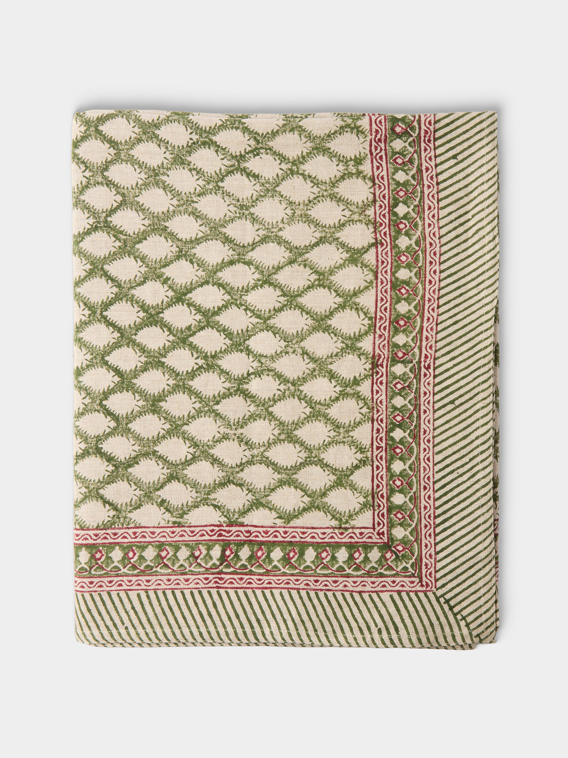Chamois - Cypress Block-Printed Linen Rectangular Tablecloth (138in/3.5m) - Green - ABASK - 