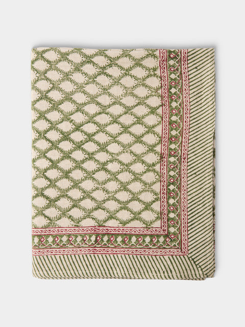 Chamois - Cypress Block-Printed Linen Rectangular Tablecloth (138in/3.5m) - Green - ABASK - 
