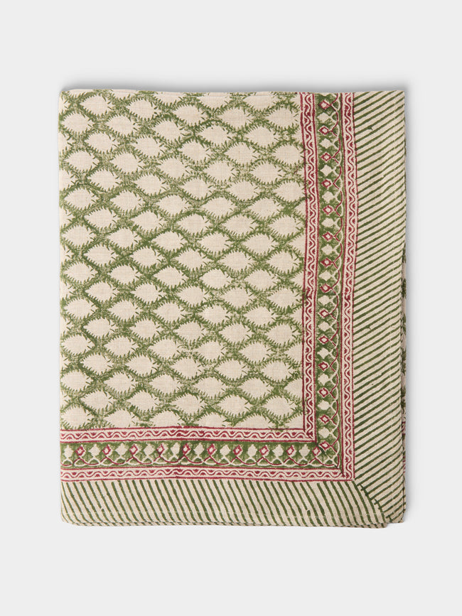 Chamois - Cypress Block-Printed Linen Rectangular Tablecloth (138in/3.5m) - Green - ABASK - 