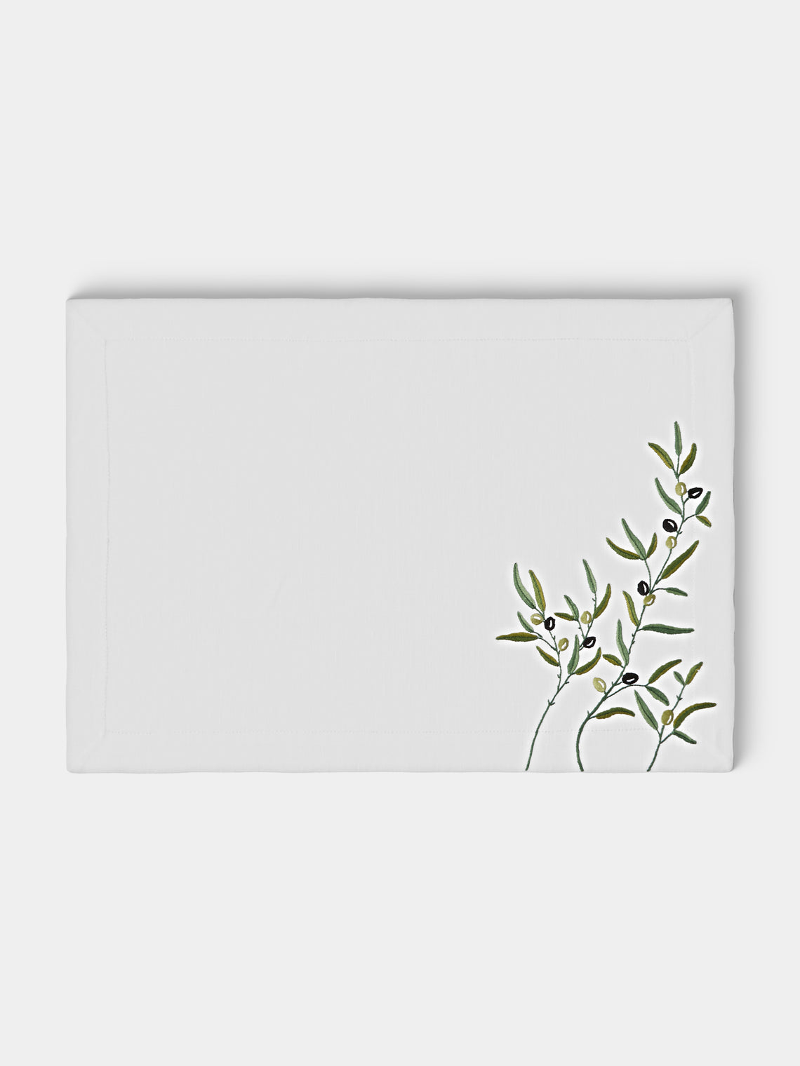 Taf Firenze - | Set of 6 | Olive Branch Hand-Embroidered Linen Placemats and Napkins - White - ABASK