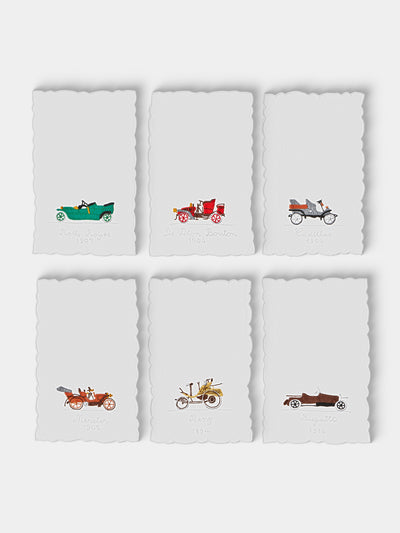 Taf Firenze - | Set of 6 | Retro Car Hand-Embroidered Linen Cocktail Napkins - White - ABASK - 