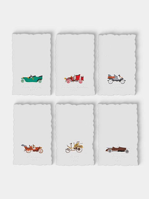 Taf Firenze - | Set of 6 | Retro Car Hand-Embroidered Linen Cocktail Napkins - White - ABASK - 