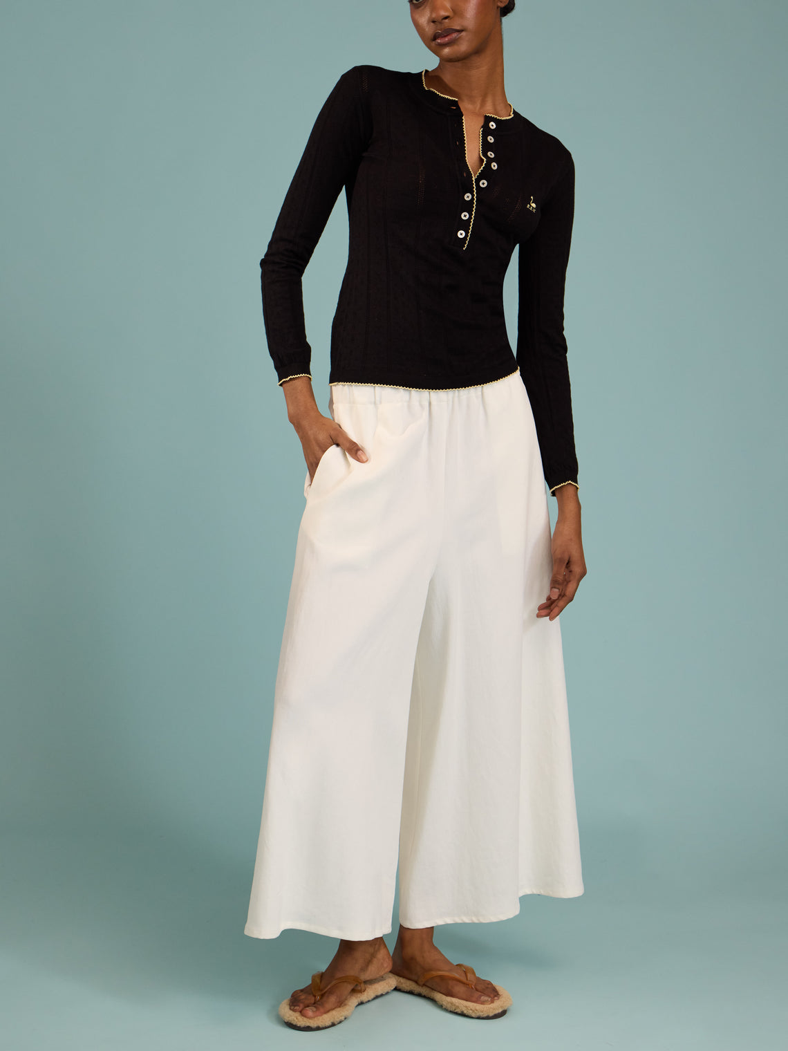 B.B. Wallace - Piper Cotton Pointelle Henley Long-Sleeved T-Shirt | Size: S - Black - ABASK