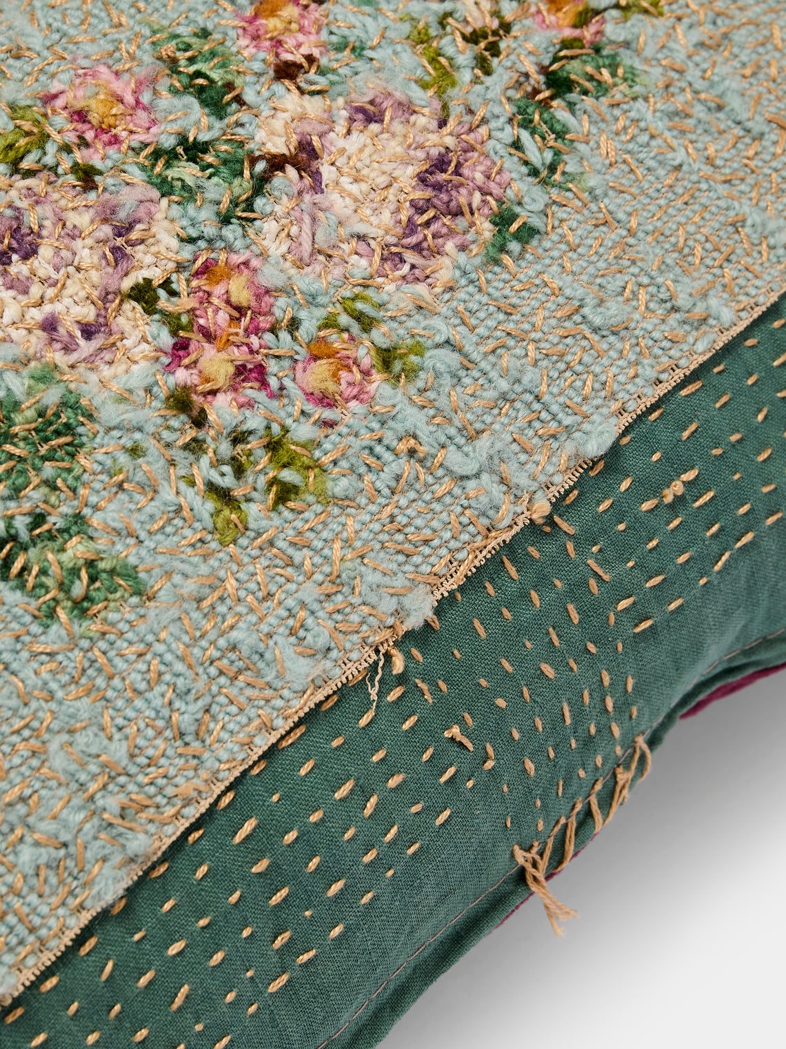 By Walid - 19th-Century Needlepoint Wool and Damask Pillow (19.5in/50cm) - Multiple - ABASK