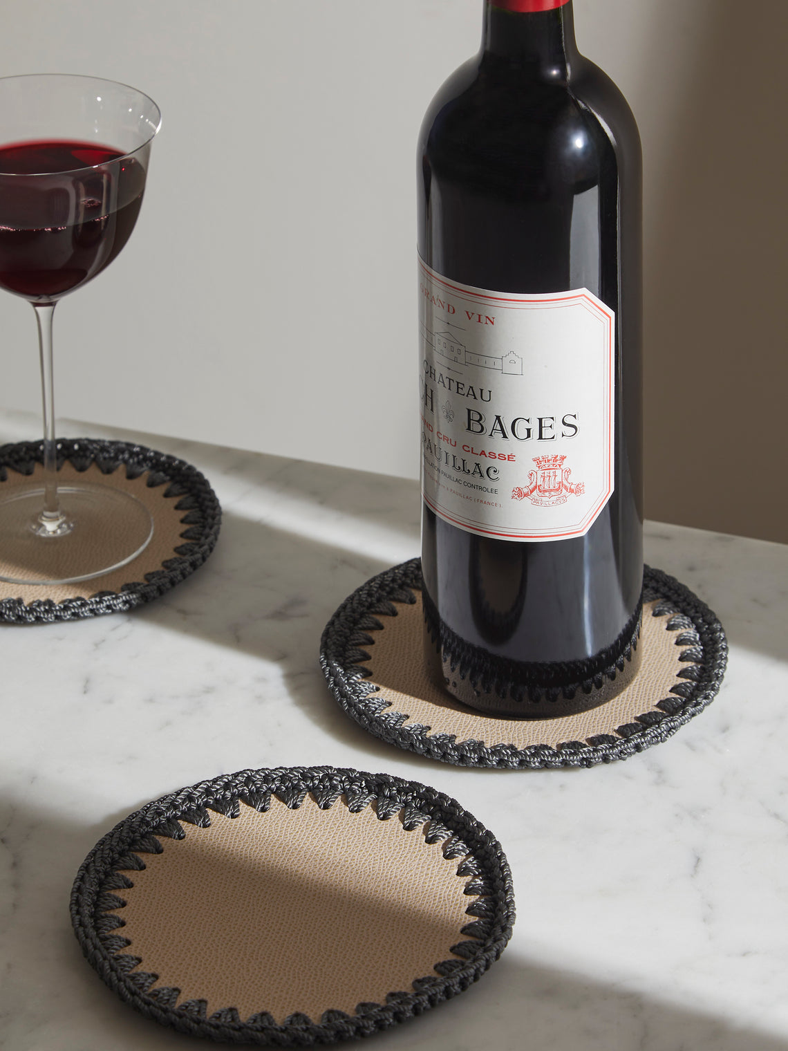 Pigment France - Rochelle Leather and Crochet Bottle Coasters (Set of 2) - Beige - ABASK