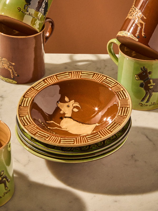 Poterie d’Évires - Animals Hand-Painted Ceramic Breakfast Bowls (Set of 4) - Brown - ABASK
