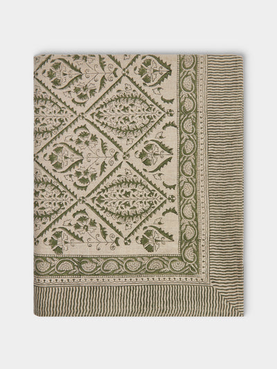 Chamois - Jaipur Block-Printed Linen Rectangular Tablecloth (138in/3.5m) - Green - ABASK - 