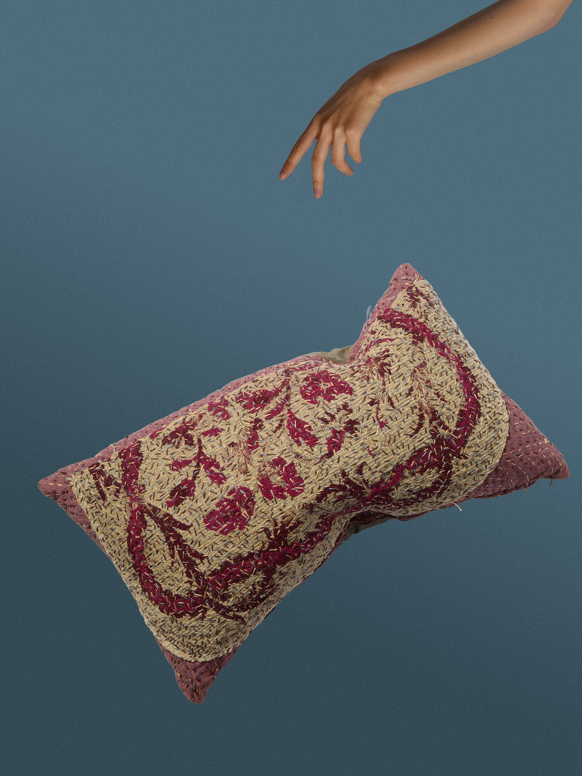 By Walid - 18th-Century Needlepoint Wool and Damask Cushion (21.5in/55cm) - Red - ABASK