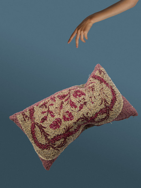 By Walid - 18th-Century Needlepoint Wool and Damask Cushion (21.5in/55cm) - Red - ABASK