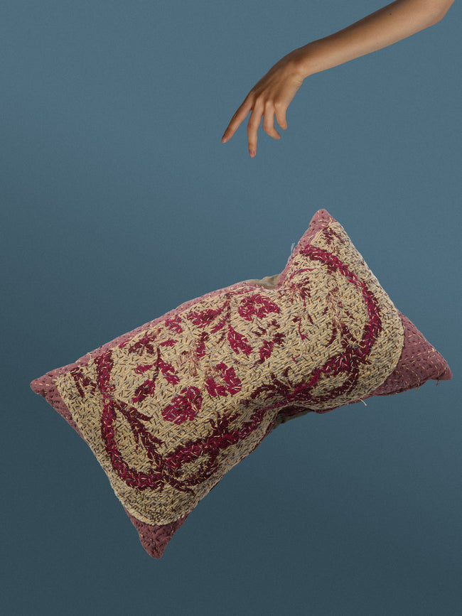 By Walid - 18th-Century Needlepoint Wool and Damask Cushion (21.5in/55cm) - Red - ABASK