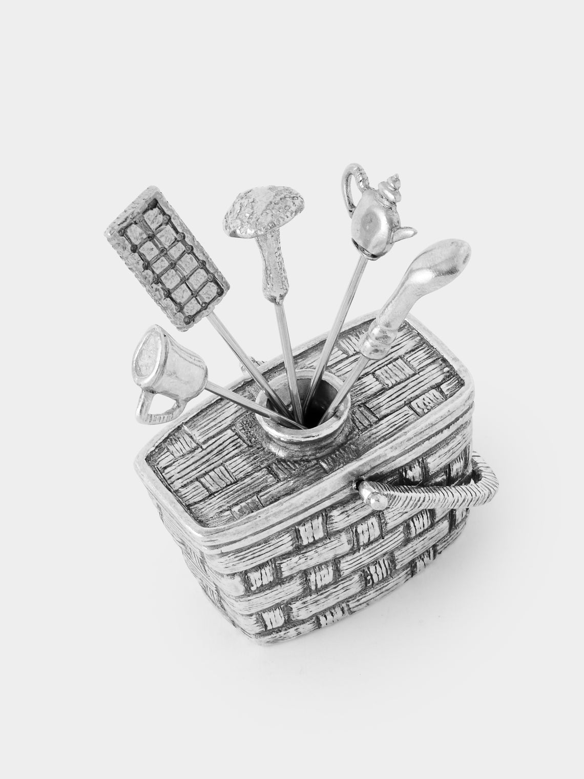 Au Bain Marie - | Set of 6 | Tiny Basket Pewter Cocktail Picks - Silver - ABASK