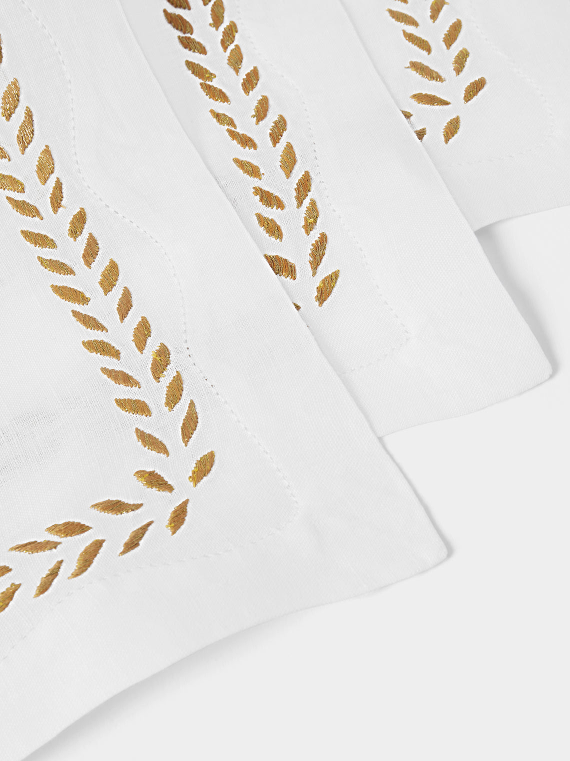 ERI Textiles - | Set of 4 | Marie Gold Hand-Embroidered Linen Napkins - White - ABASK