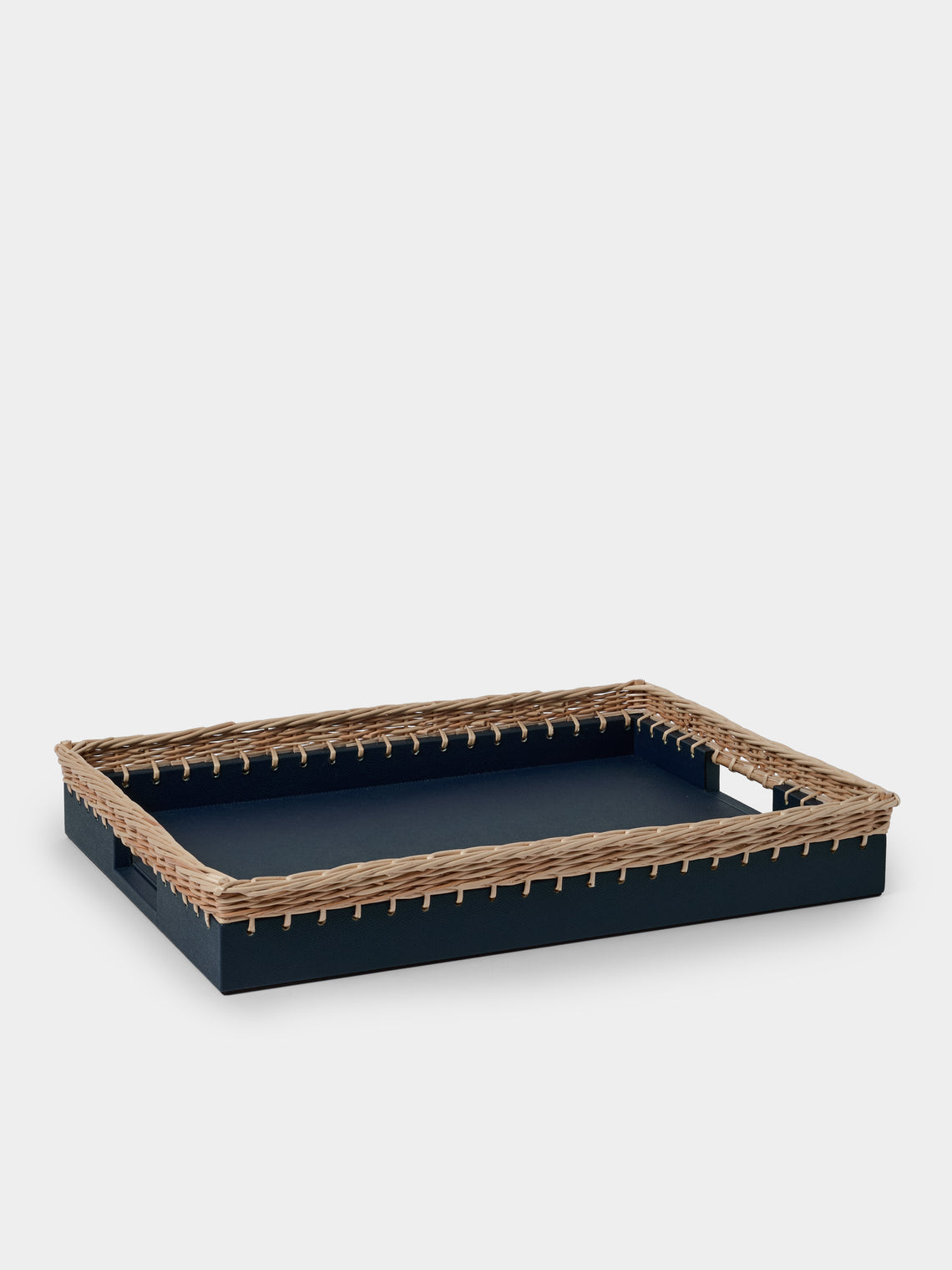 Pigment France - Giverny Leather and Rattan Tray (19in/49cm) - Blue - ABASK