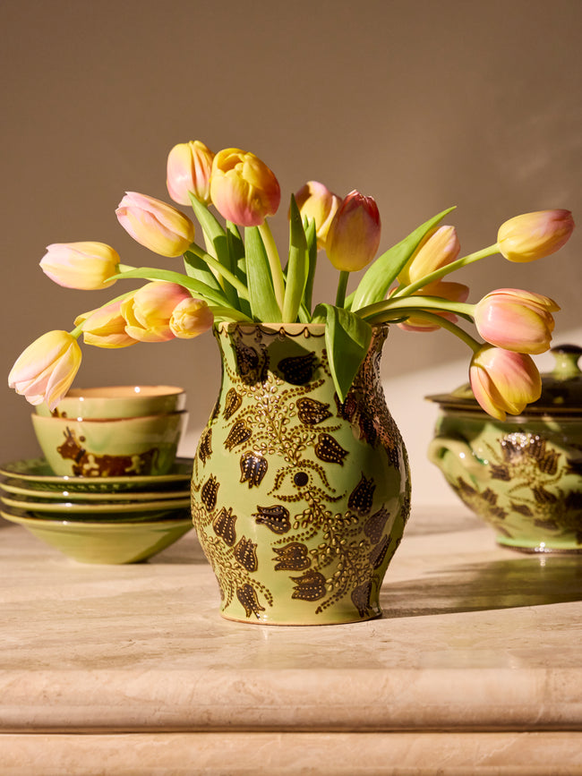 Poterie d’Évires - Flowers Hand-Painted Ceramic Vase (8in/20cm) - Green - ABASK