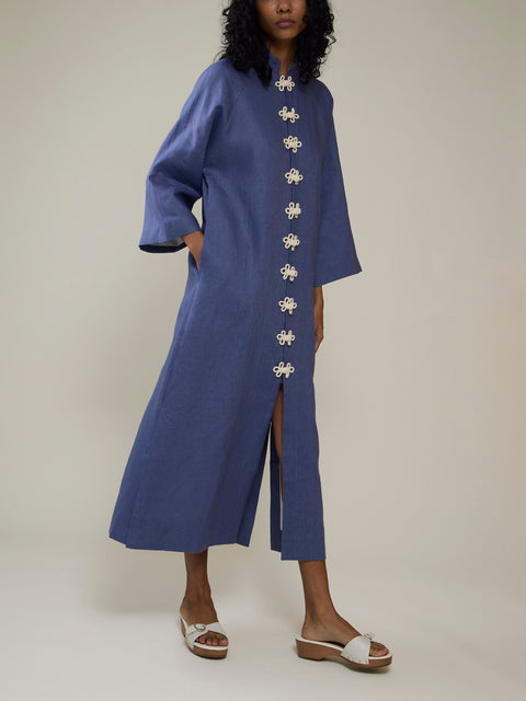 Yali Milano - The Portofino Linen Robe | Size: S - Blue - ABASK