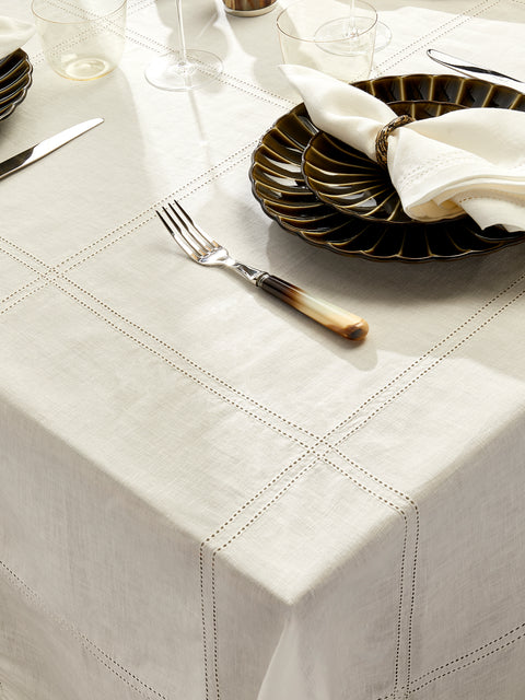 Volga Linen - Double Hem-Stitch Linen Check Rectangular Tablecloth (177in/4.5m) - Ivory - ABASK