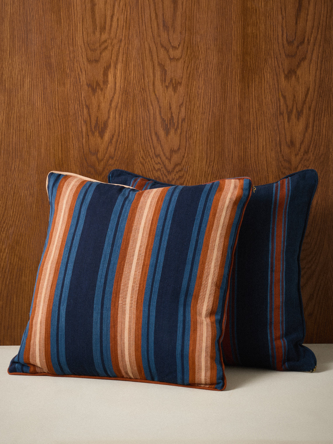 R Collective - Handwoven Indigo Striped Cotton Cushion (19.5in/50cm) - Blue - ABASK