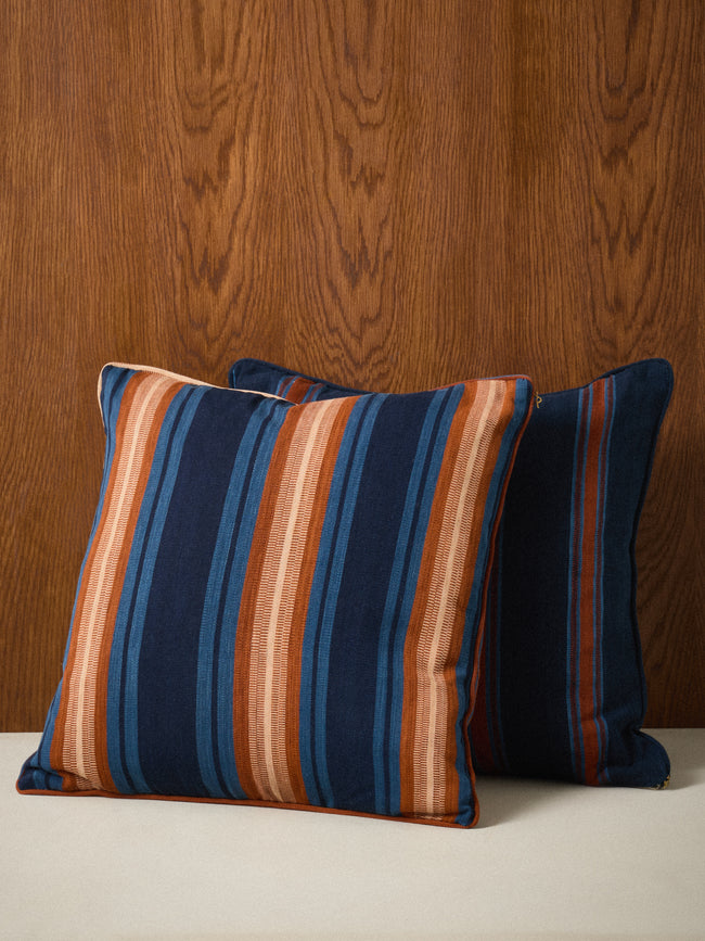 R Collective - Handwoven Indigo Striped Cotton Cushion (19.5in/50cm) - Blue - ABASK