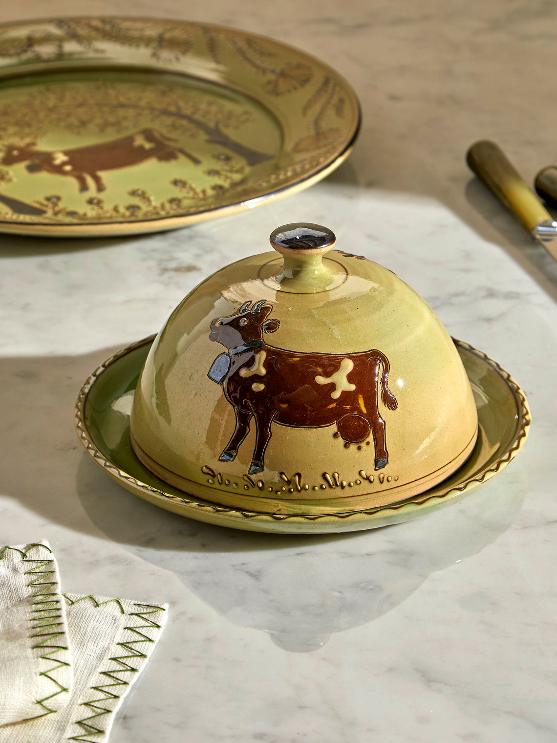 Poterie d’Évires - Cows Hand-Painted Ceramic Large Butter Dish - Green - ABASK