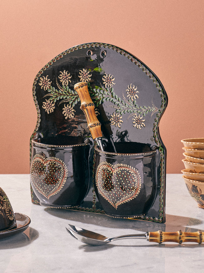 Poterie d’Évires - Flowers and Hearts Hand-Painted Ceramic Double Utensil Holder - Dark brown - ABASK