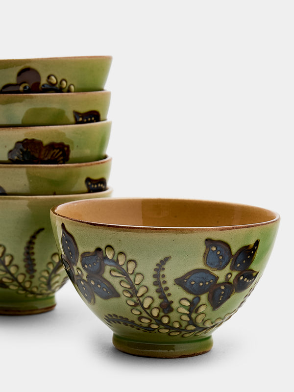 Poterie d’Évires - Flowers Hand-Painted Ceramic Petit Bowls (Set of 6) - Green - ABASK